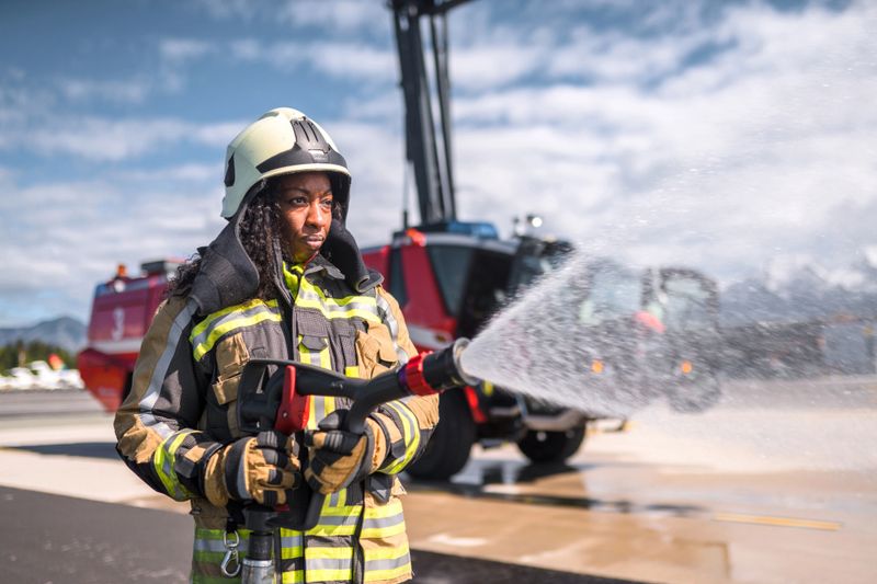 Female firefighter using a water gun at the airport. Standing on a runway spraying water on a fire while wearing fire protection suit.