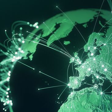 Digital map showing global data connections focused on Europe and surrounding regions.