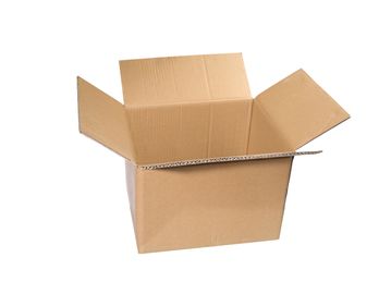 Open empty cardboard box with flaps spread out.