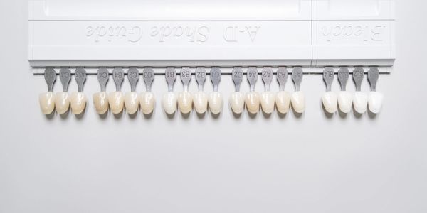 Dental shade guide with various tooth color samples for matching.