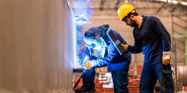 Two workers welding metal in a factory.