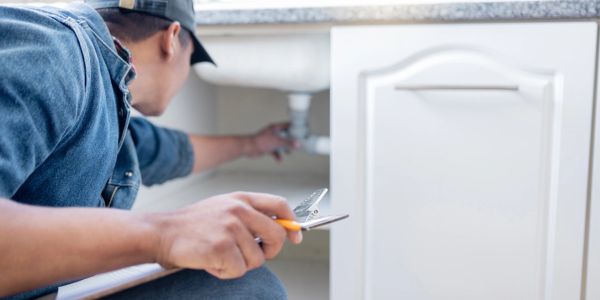 A plumber repairing a pipe under a sink with a wrench.