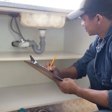 Technician inspecting plumbing under a sink and taking notes.