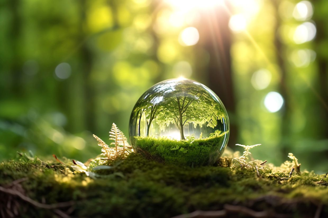 Glass orb reflecting a green forest scene with sunlight. Clean Air for all!