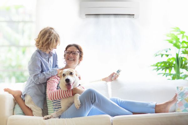 Happy mother & daughter relaxing on a couch with their family dog under cool air from a working ac. 