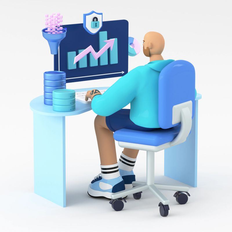 Office worker working with big data and databases, analyzing business process. 3d rendering concept of data science, including big data, machine learning, data visualization.