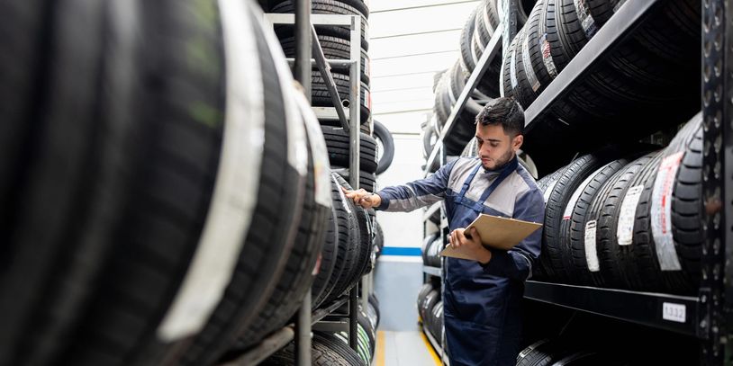 Worker inspecting tires in a storage facility holding a clipboard.