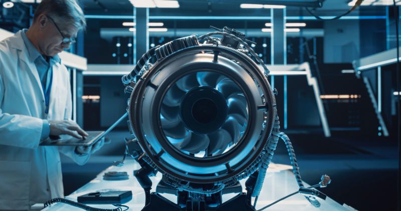 Middle Aged Industrial Turbine Specialist Working on an Innovative Invention. Scientist Using a Laptop Computer to Develop a High Tech Prototype Electric Jet Motor