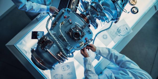 Engineers working on a mechanical engine component.