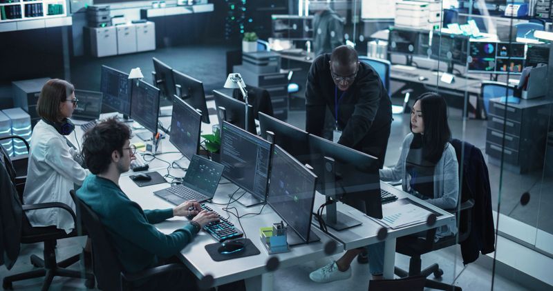Group of Empowered Multicultural Men and Women Working in a Research Center, Using Computers to Run Advanced Software, Develop Artificial Intelligence Interface and Cloud Computing Blockchain