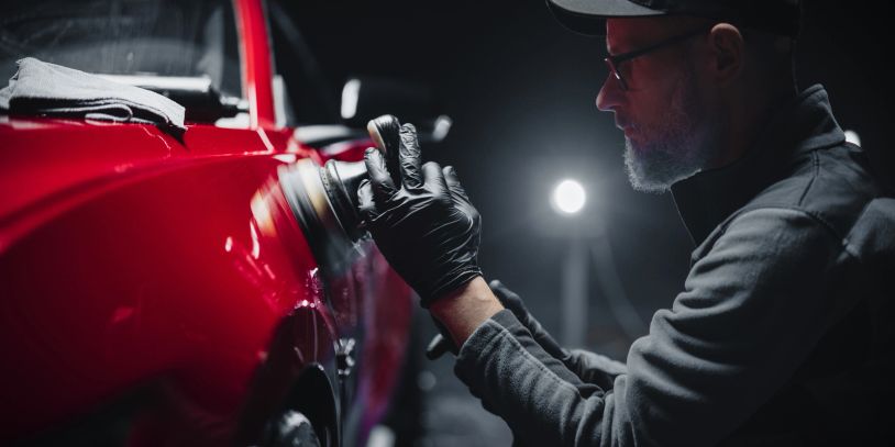 Man polishing red car in a dark garage.