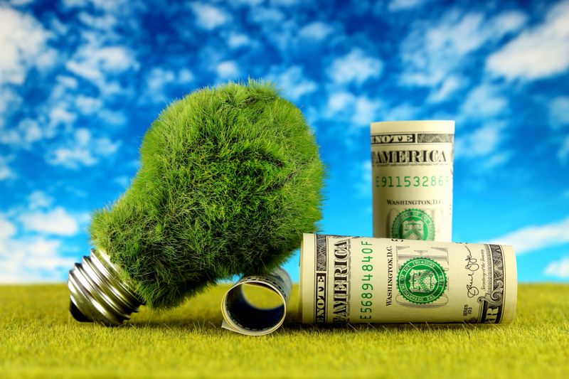 One dollar banknotes and green eco light bulb with grass and blue sky background. Renewable energy concept. Electricity prices, energy saving in the household.
