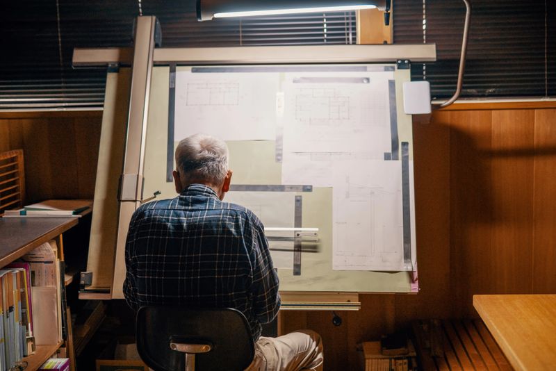 Senior male architect working at a drafting table drawing blueprints by hand