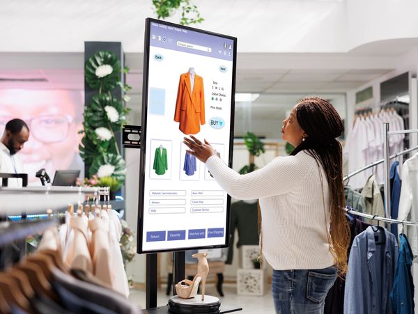 Woman shopping for coats on a large interactive touchscreen in a clothing store.