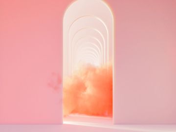 Pink corridor with arches and orange smoke creating a surreal atmosphere.