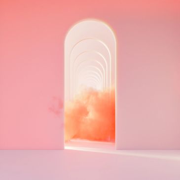 Archway with glowing orange smoke inside against a soft pink background.