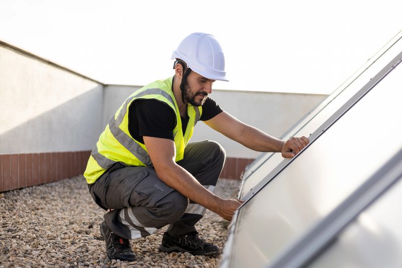 An engineer in protective clothing is crouching down placing a solar hot water panel from a house on a roof. Concept of solar panels, renewable energy. Green energy.