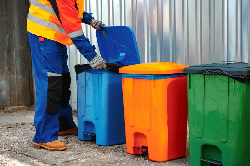 Male janitor in uniform cleans a trash can in the street close up