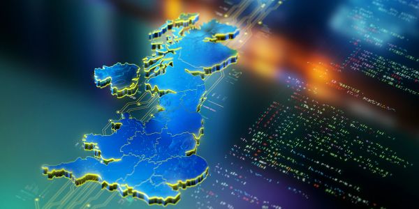 Digital map of the UK with glowing edges and coding background.