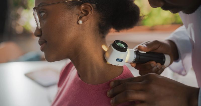 Close Up of an African Skin Care Professional Using a Dermatoscope to Examine Neck Tissue on the Skin of a Young Black Female During a Health Check Visit to a Clinic. Dermatologist in Hospital