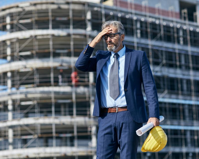 senior businessman architect wearing a protective helmet using a tablet and a blueprint on the construction site