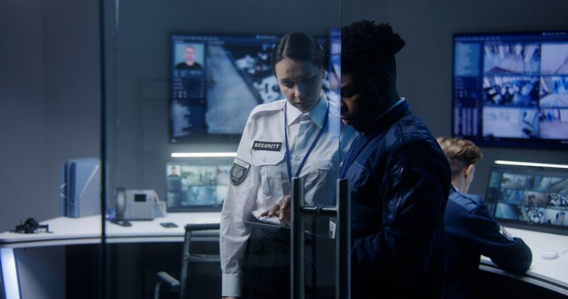 African American male officer uses tablet and talks to female coworker. Multi ethnic employees in security control center. Big digital screens and PC monitors with surveillance CCTV cameras footage.