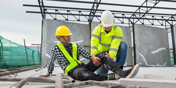 Construction worker helps injured colleague at building site.