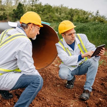 Two construction workers in safety gear reviewing plans outdoors.
