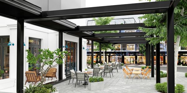 Lean-to structure constructed to provide covered outdoor space.