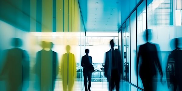 Blurred silhouettes of people walking in a modern office corridor.
