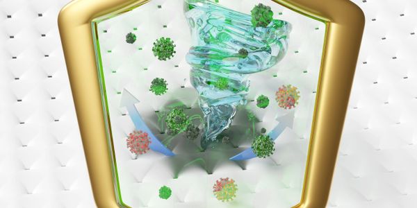 3D illustration of virus particles being sucked into a swirling vortex inside a golden frame.