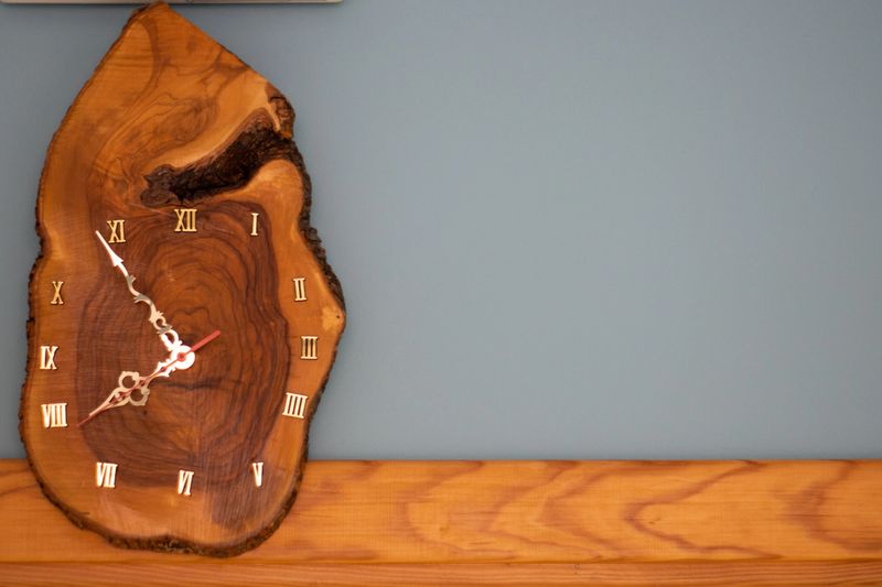 wooden clock, handmade wooden wall analog natural clock made from tree stump with roman numerals