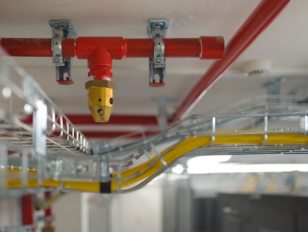 fire suppression nozzle on a red pipe.