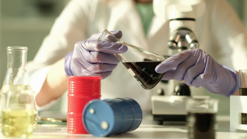 Scientist chemist holding in his hands flask with oil in chemical laboratory closeup. Quality control of composition of petroleum products concept