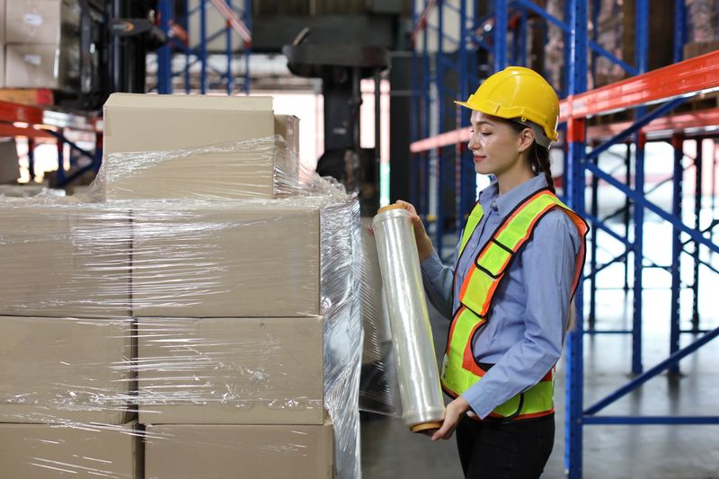 Caucasian warehouse worker woman with hardhat and reflective jackets wrapping boxes in stretch film parcel on pallet while control stock and inventory in retail warehouse logistics distribution center