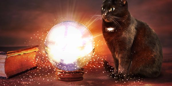 A black cat gazes at a glowing crystal ball beside an old book.
