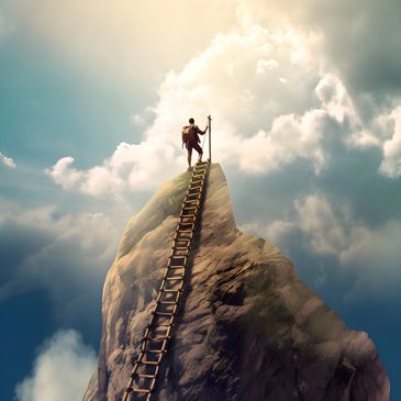A lone climber reaches the peak via a tall ladder against a dramatic cloudy sky.