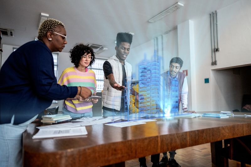 University students using augmented reality device to study at library