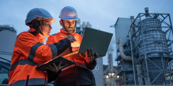 Two engineers inspecting a site with laptops.