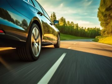 Car speeding on a sunny road with blurred motion.
