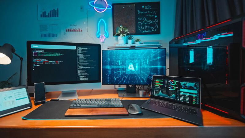 Desktop Computer of Programmer running AI machine learning software, AI innovation technology
