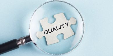 Magnifying glass highlighting a puzzle piece with the word QUALITY.