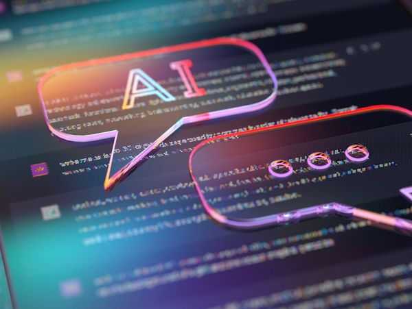 Glowing AI chat bubbles over computer code, symbolizing artificial intelligence communication.