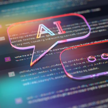 Colorful AI chat bubbles over blurred computer code background.