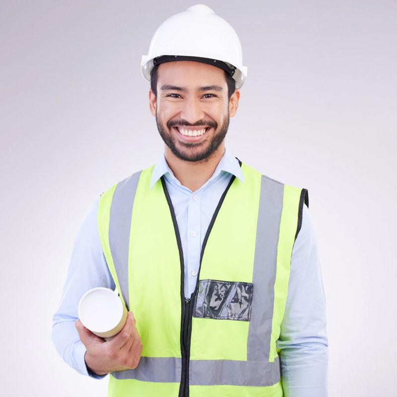 Portrait of construction worker man isolated on a gray background engineering, architecture and design career. Happy face of asian builder, contractor or industrial worker with safety gear in studio