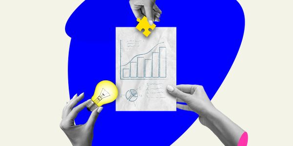Hands holding a light bulb, a chart, and a puzzle piece symbolizing ideas and growth.