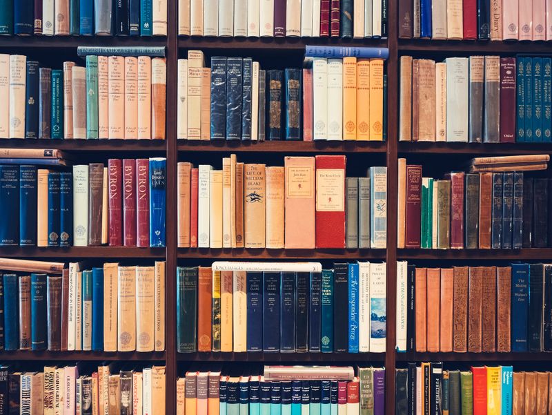 English textbooks on bookshelf Library collection Education background