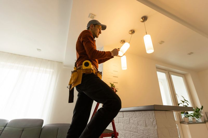 Electrician man working on exterior light, install LED replacement lamp at home. Maintenance concept
