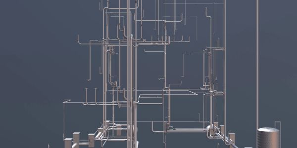Complex network of interconnected pipes against a plain background.