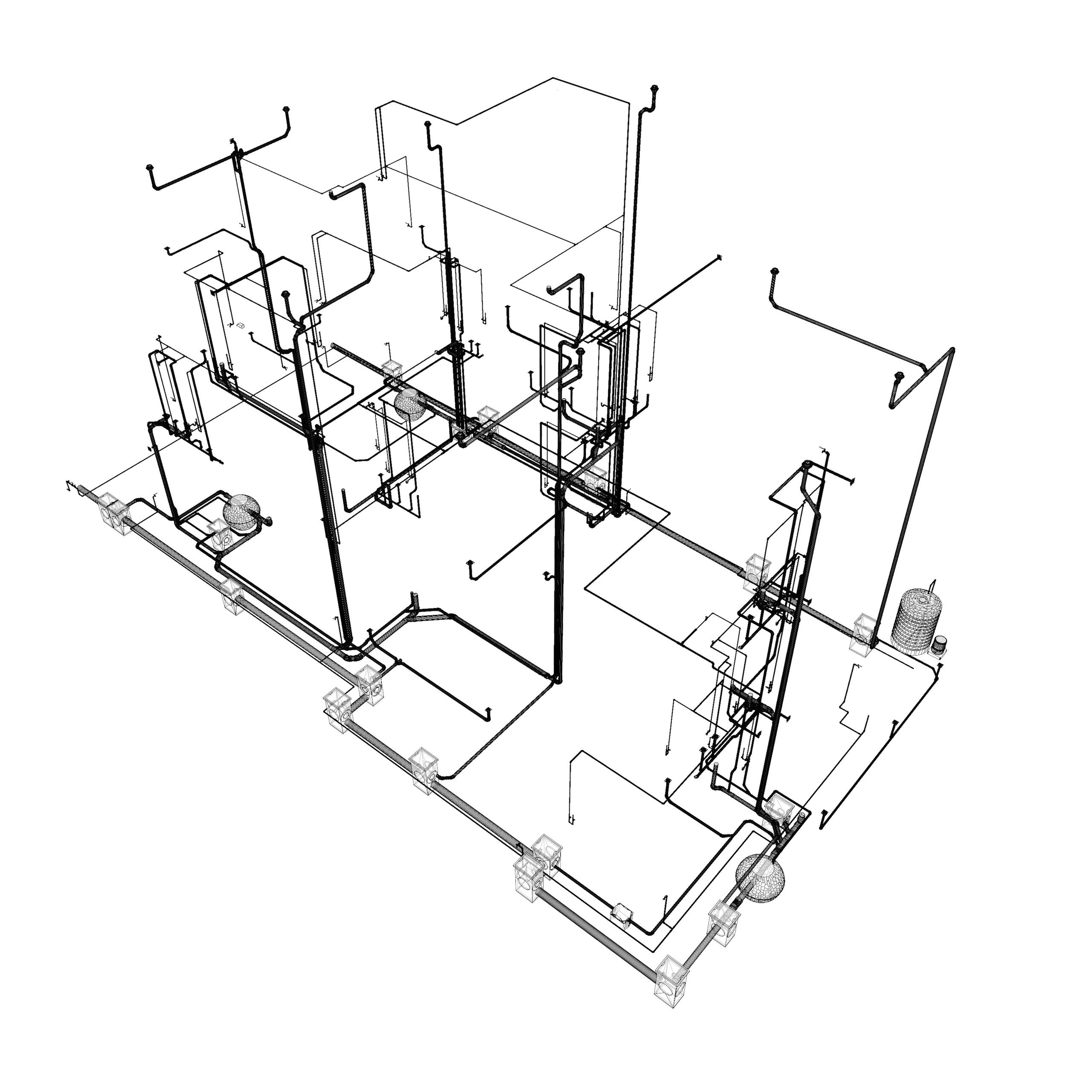 3D wireframe model of an industrial piping system layout.